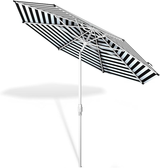 Midtown Umbrellas The Swilt 8 Feet Patio Umbrella in Terylast Zebra (Black/White Stripes) Polyester Fabric - Fiberglass Ribs, Auto-Tilt Aluminum Frame For Backyard, Deck, Garden, Pool - White Pole
