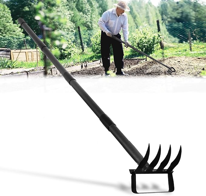 Garden Hoe Stirrup Hoe Weeding Tools, 2-in-1 Garden Hoe for Weeding with 62.6" Adjustable Handle, Heavy Duty Gardening Tools with 4 Tines for Weeding, Loosening, Digging and Cultivation