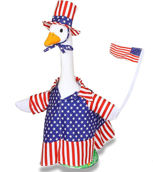 Lawn Goose Outfit – Glossy Cape & Adjustable Hat for 23″ Goose Statue – Halloween & Vampire & USA Flag Costume