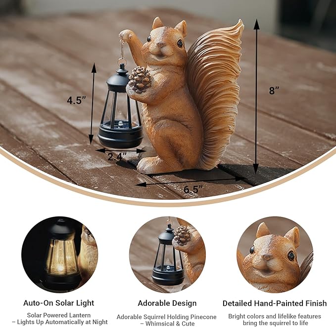 Solar Squirrel Garden Statue Outdoor Decor, Squirrel Sculpture with Lantern for Yard Lawn Patio Balcony, Birthday Housewarming Gifts for Mom, Grandma, Women, Brown,Resin