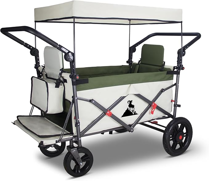 Foldable Wagon with Canopy - Collapsible Utility Cart with 2 Seats & Belts, Adjustable Handle, Expandable Front for Camping, Picnic, Shopping (Beige/Green)