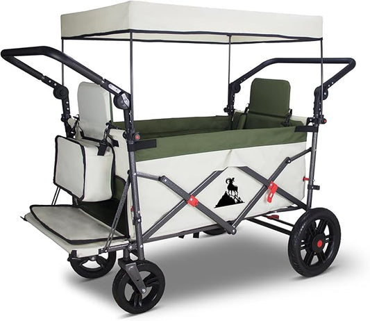 Foldable Wagon with Canopy - Collapsible Utility Cart with 2 Seats & Belts, Adjustable Handle, Expandable Front for Camping, Picnic, Shopping (Beige/Green)
