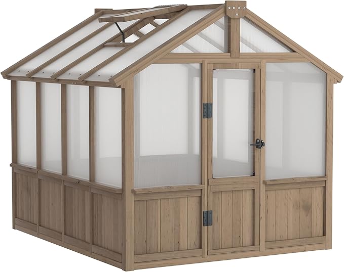 6x8 FT Greenhouse Kit for Outdoor, 6MM Thick Polycarbonate Panel Wooden Walk-in Green House with Lockable Door and Adjustable Roof Vent, Backyard Garden, Light Mocha Brown