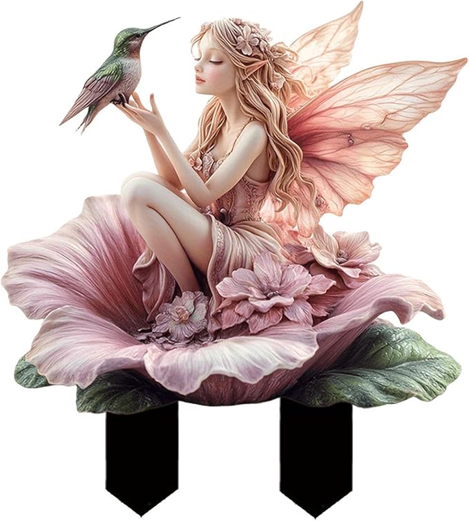 Fairy Garden Stake Decor, 2D Flat Acrylic Fairy Garden Decor Panel, Elf Yard Sign for Outdoor Indoor Yard Lawn Plants Pots, Fairy Garden Accessories (Flowers Fairy and Hummingbird)