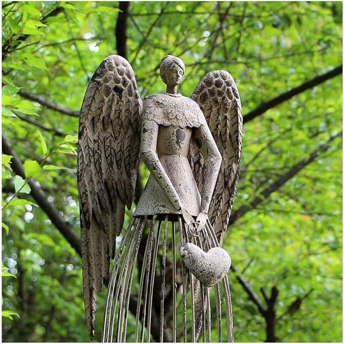 Linfevisi Garden Angel Statue Decor Rustic Metal Angel Sculpture Garden Yard Art Heavenly Home Decor Antiqued Accent Housewarming Gift 32 Inch Tall (Heart)
