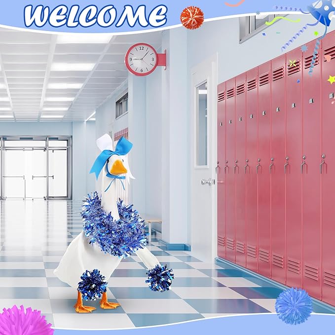 3 Pcs Cheerleader Porch Goose Outfit Poseable Wings with Pom Poms Garland and Bow for 23" Lawn Cement Goose Football Halloween Garden Patio Yard Outdoor Classroom Decorations(Blue)
