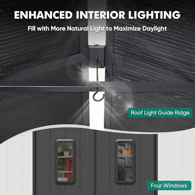 8x8 Resin Outdoor Storage Shed with Floor, Plastic Tool Shed for Gardening, Patio, and Deck, White/Gray