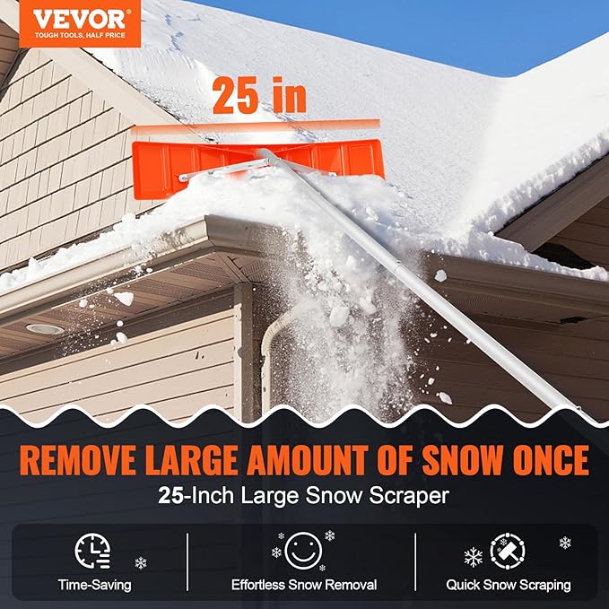 VEVOR Snow Roof Rake, 21ft Reach Aluminium Handle, 25" Plastic Blade Snow Removal Tool, Superior Roof Shovel with Anti-Slip Handle Grip, Easy to Setup & Use for House Roof, Wet Leaves, Car Snow