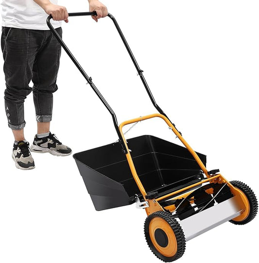 16" Manual Push Reel Lawn Mower - Hand Push Lawn Mower with Bag, Steel & Aluminum 2-in-1 Grass Cutter, Adjustable Cutting Height 0.47-1.65" for Small Yards, Gardens (Orange/Black)