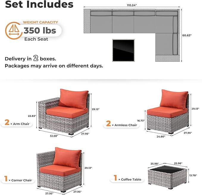 ovios 6 Pieces Patio Furniture Set, Outdoor Wicker Sectional Sofa with Glass Table Comfy Cushions, Modern Modular Deep Seat Couch Rattan Conversation Set, Orange Red