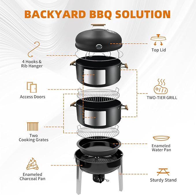 Realcook Vertical Charcoal Smoker Grills: Premium 20.5 Inch BBQ Meat Smokers - Barbecue Charcoal Grill Smoker Combo for Outdoor Cooking Patio Backyard Picnic Party Grilling