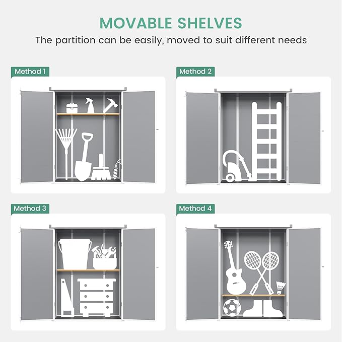 UDPATIO 4.3x5.6ft Resin Outdoor Storage Shed, Vertical Tool Shed with Shelving Brackets for Patio Pool Lawn Garden, Grey White
