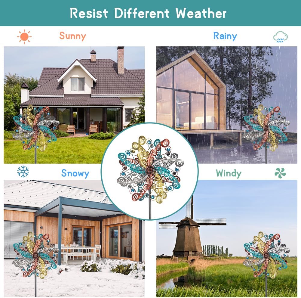 DREAMSOUL Metal Wind Spinners Outdoor, Wind Spinners for Yard and Garden with 5 Stable Stake, Double Kinetic Wind Spinner for Patio, Lawn & Garden Decor 63 * 13 Inches