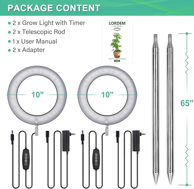 LORDEM 10" Full Spectrum Plant Light, 160 LEDs Large Grow Light for Indoor Tall Plants, Growing Lamp with 4/8/12H Auto Timer, 10 Dimmable Levels, 3 Spectrum Modes, 65" Height Adjustable, Pack of 2