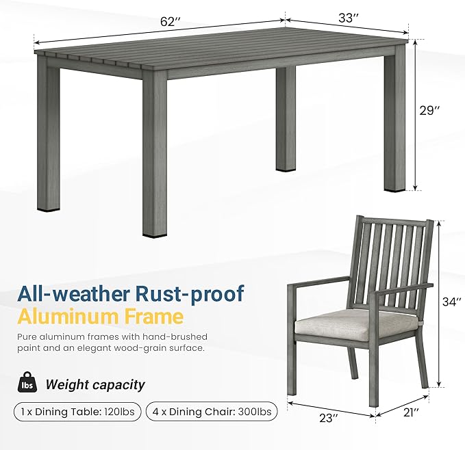 Wisteria Lane Aluminum 6 Pieces Patio Dining Sets, Outdoor Dining Table with 4 Chairs and Bench, Outdoor Patio Dining Furniture Set with Removable Cushion for Lawn, Garden, Backyard, Gray