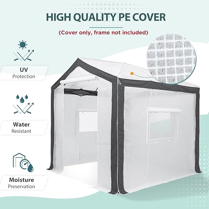 EAGLE PEAK Replacement Cover for 8x6 Portable Pop up Greenhouse with Polyester Reinforced Corners, Front Roll-Up Zipper Entry Door and 3 Large Roll-Up Side Windows (Frame Not Included), Gray/White