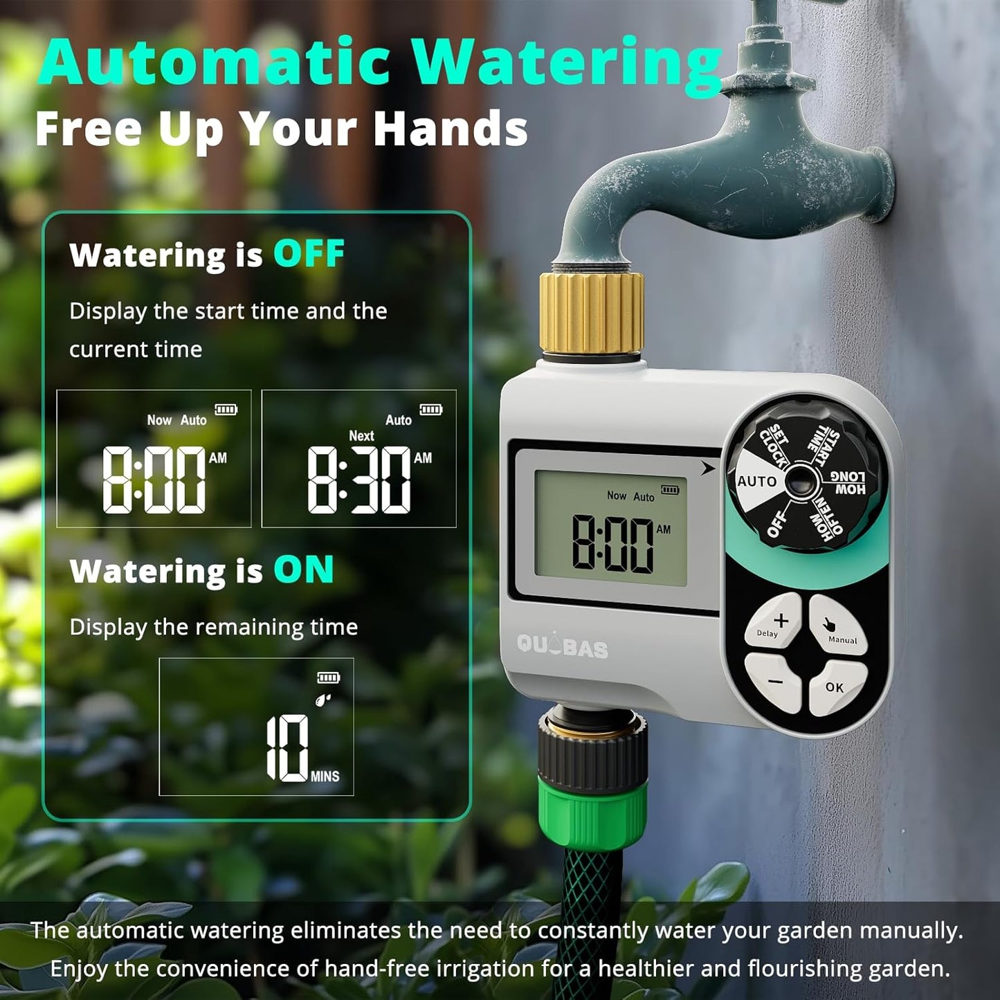 [2 Pack] QUOBAS Digital Water Timer, Programmable Sprinkler Controller, Large LCD Display, Auto/Manual/Delay Modes, for Garden Hose Watering and Drip Irrigation System