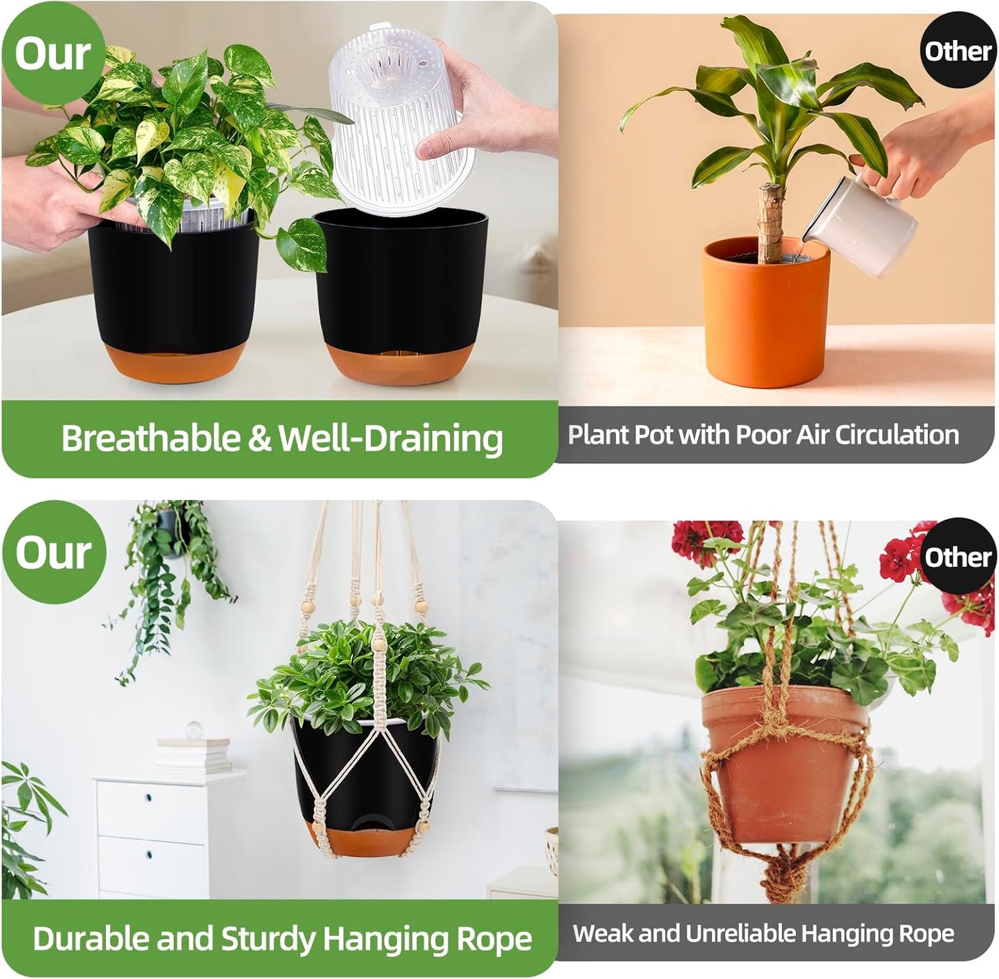 2-Pack Self-Watering Hanging Planters for Indoor & Outdoor Plants,34-Inch macrame hanger plant pots indoor with drainage,5.7-Inch Small Hanging Planters & Baskets in Black,With two sets of hooks