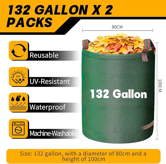 Reusable Yard Waste Bags - 2 Pack, 132 Gallon Large Yard Waste Bag with Reinforced Handles, Ideal for Grass, Leaves, and Yard Waste - Durable and Garden Waste Bags, Large Leaf Bags Stand Up.