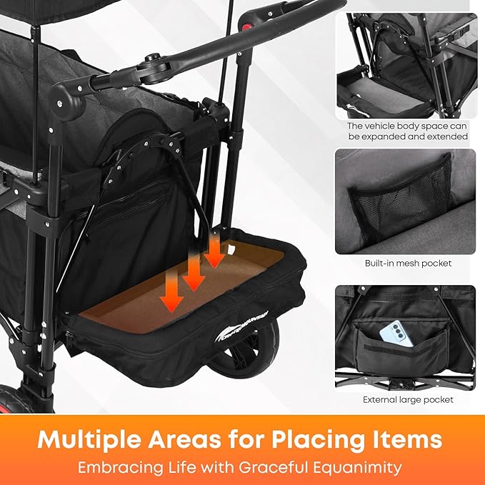 Collapsible Canopy Wagon, Foldable Wagon Stroller with 330LBS, Heavy Duty Cart with Shock-Absorbing Wheels, Adjustable Push Pulling Handles for Camping, Garden, Sports, Shopping, Black