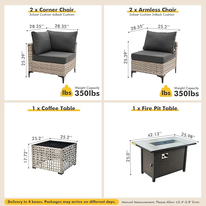 Outdoor Sectional Patio Furniture Set with Fire Pit Table and Glowing Table,6 Pieces Wicker Conversation Sets L Shaped Couch Out Door Sofa Set Outside Furniture for Garden Deck Yard,Black