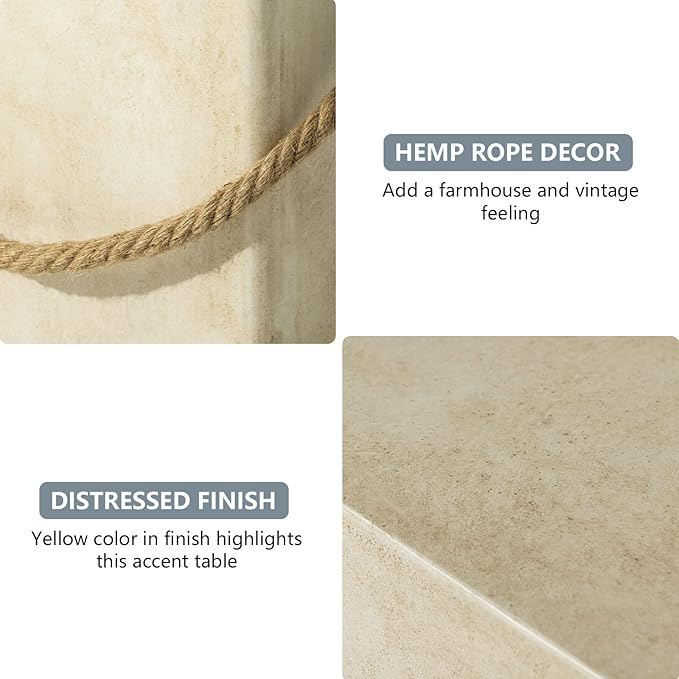 COSIEST Set of 2 Concrete Side Table, Rectangular Outdoor Side Table w Hemp Rope Handles,15''Patio Side Tables End Table, Outdoor Accent Side Table for Garden and Patio, Beige