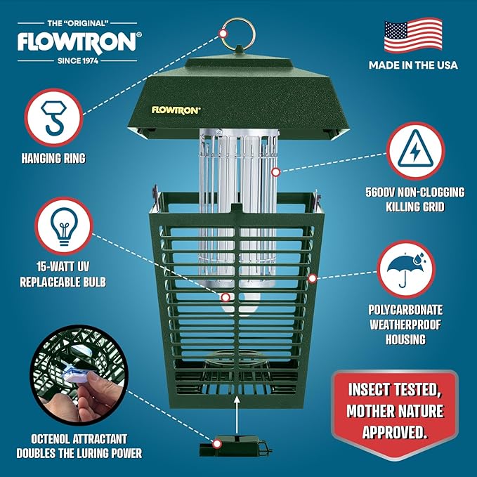 Flowtron Electric Bug Zapper 1/2 Acre Outdoor Insect Control with Dual Lure Method, 15W UV Light & Octenol Attractant for Fly & Mosquito, 5600V Kill Grid, Made in USA, UL Certified - Green Color