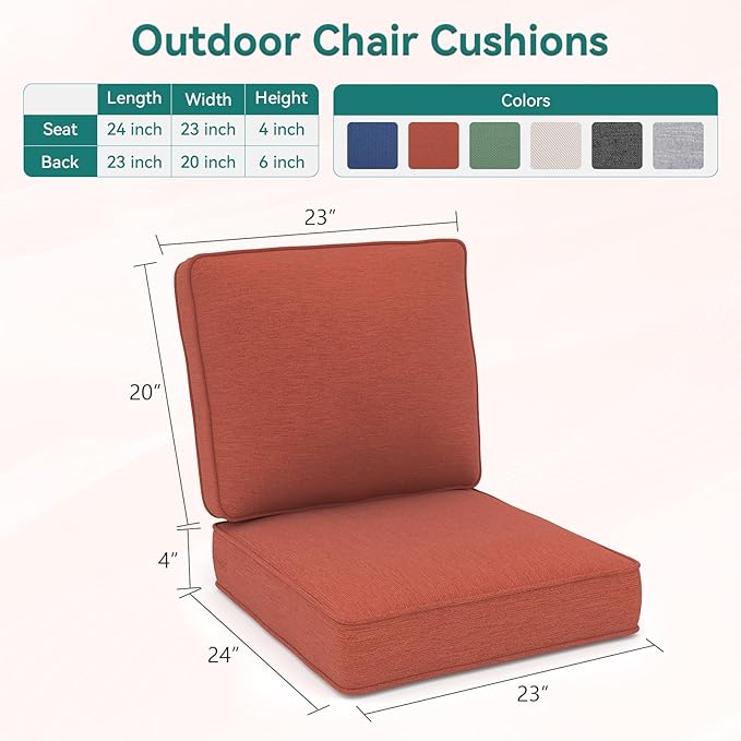 Outdoor Chair Cushions 23" x 24" x 4", Patio Deep Seat Replacement Cushions Set with Zippered Removable Cover, Weather-Resistant Olefin Fabric for Garden Chair Sofa Couch, Set of 2, Red
