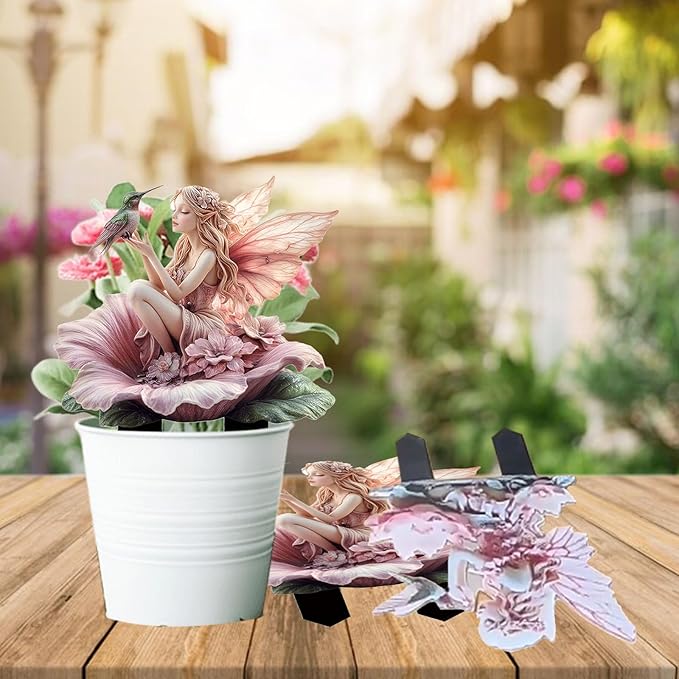 Fairy Garden Stake Decor, 2D Flat Acrylic Fairy Garden Decor Panel, Elf Yard Sign for Outdoor Indoor Yard Lawn Plants Pots, Fairy Garden Accessories (Flowers Fairy and Hummingbird)