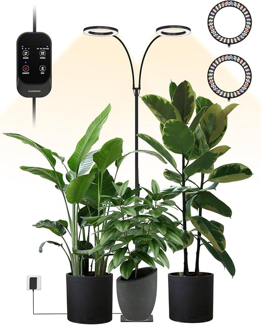 GLOWRIUM 48W LED Dual-Head Grow Light for Indoor Plants, 23.5-71" Adjustable Height, 3-Growing Full Spectrum for Tall Plant Light, 3/9/12/16H Timer, 6-Level Dimming, Ideal for Large Tall Plants