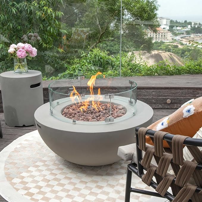 Modeno ROCA Outdoor Gas Firepit Table 34 Inches Fire Pit Patio Heater Concrete Outside Electronic Ignition Backyard Fireplace Cover Lava Rock Included Natural Gas