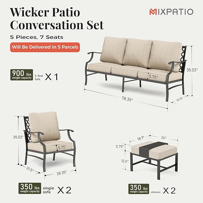 Patio Furniture Set 5 pcs, Outdoor Patio Furniture, 3-Seat Sofa, 2 Single Chairs, 2 Ottomans and 5.75" Extra Thick Cushion, Patio Conversation Set for Garden Backyard Deck,Beige