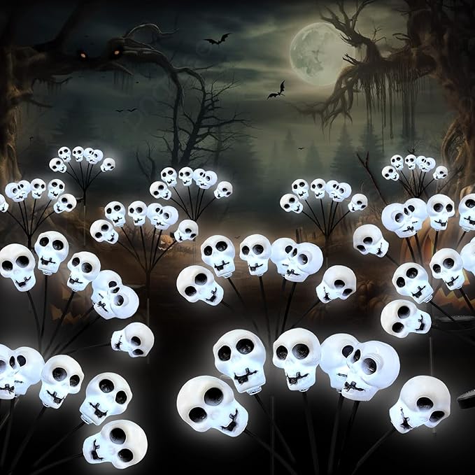 Solar Halloween Pathway Lights 3 Pack Skull Stake Lights Outdoor 2 Modes Cool White LEDs for Garden Yard Patio