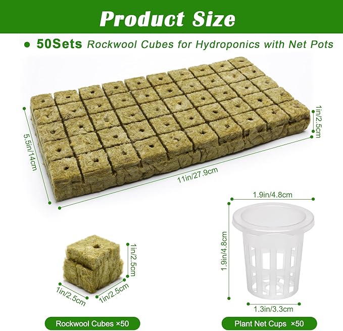 100 Pcs Rockwool Cube for Hydroponics with Net Pot, 50P 1Inch Rockwool Stonewool Plug & 50P 1.5Inch Net Cup for Seed Starter Soilless, Hydroponics, Plant Germination Start (Transparent)