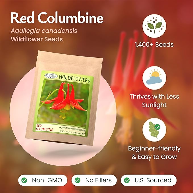 Created By Nature Red Columbine Flower Seeds, 1,450 Seeds, Perennial Wildflowers