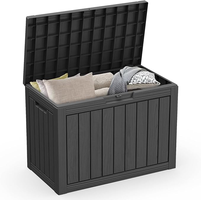 ROJIK Outdoor Storage Housing Deck Box - Waterproof Patio Furniture, Garden Tools, Cushions, Pool Accessories Storage Bench with Lockable Lid and Side Handles (Black, 45 Gal)