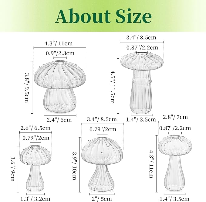 Hewory Mushroom Jars for Plants, 10pcs Clear Glass Mushroom Bud Vase for Flowers, Unique Plant Propagation Stations Propagating Vases Decor, Mini Cute Hydroponic Terrarium Planter for Indoor Planters