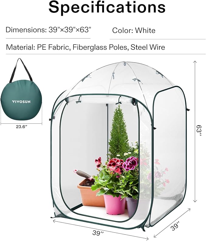VIVOSUN 39x39x63-Inch Portable Walk-in Greenhouse, with PVC Cover & Detachable Base, Instant Pop-up and Folding, Mini Greenhouse with Roll-Up Door & Mesh Window for Indoor Outdoor, Wind Ropes Included