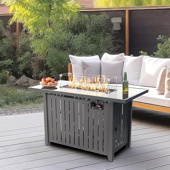 43 Inch Outdoor Propane Fire Pit Table 50,000 BTU, Rectangle Gas Fire Pit with Glass Wind Guard & Tempered Glass Top for Outside Patio & Backyard, Includes Rain Cover & Glass Beads