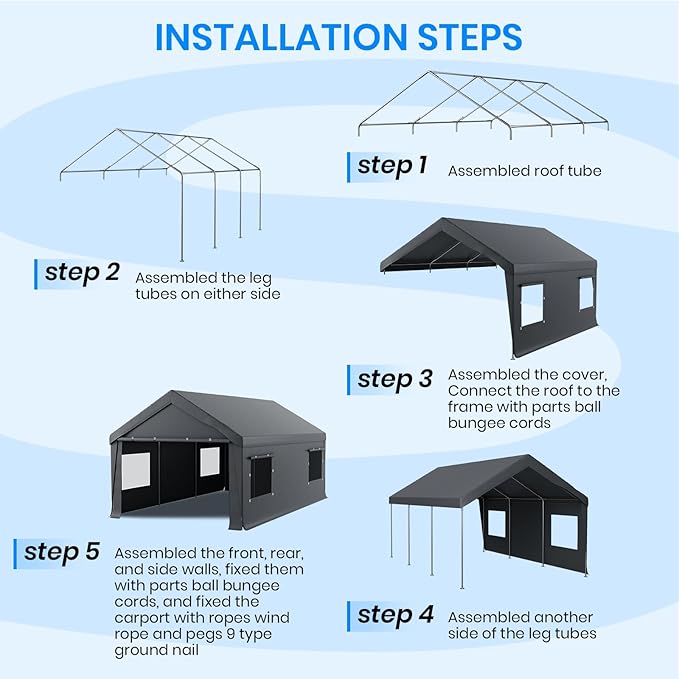 Carport 10x20 FT Heavy Duty,Outdoor Portable Garage with Removable Sidewalls & Doors, Waterproof, UV-Resistant Canopy Shelter for Vehicles, Boats, RVs, Trucks, All-Season Car Port, Gray