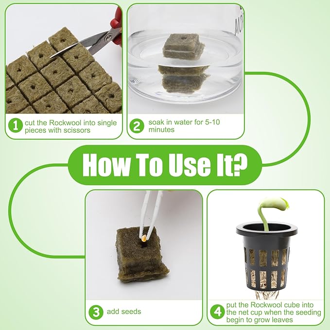 Windspeed 120Pcs Rockwool Planting Cubes Set 1 Inch, Rock Wool Seed Starter Cubes Set for Rooting Starting Seeds Include 50P Rockwool Cubes 50P 1.5 in Hydroponics Basket 20 Plant Tags 1 Tweezers