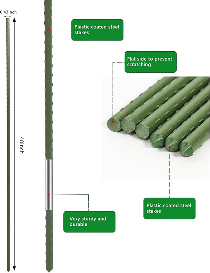 4ft Garden Stakes, Plastic Coated Steel Plant Stakes for Climbing Plants 25pcs