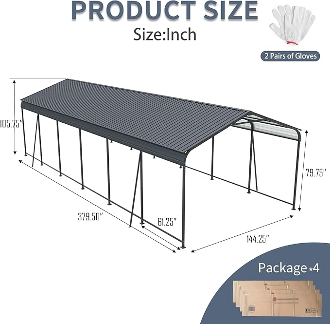 12x32 FT Metal Carport, Heavy Duty Car Port Canopy with Galvanized Steel Roof & Frame, Oversized Metal Carport Kit, Outdoor 2 Car Garage, Steel Car Shelter for Car, Boat, Truck, Charcoal
