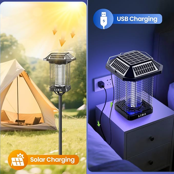 LiBa Solar Bug Zapper Outdoor, 2 in 1 Mosquito Zapper Cordless & Rechargeable, Solar Insect Killer Lamp, 3500V Mosquito Catcher Decor Light for Patio Garden Backyard
