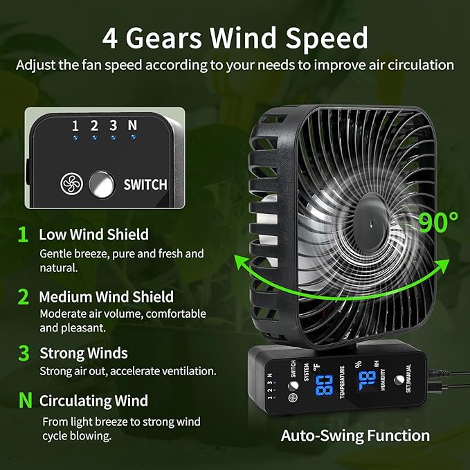 6" Grow Tent Fan with Temp & Humidity Display, Auto Temp & Humidity Control, 4 Speeds, 90° Oscillation, 2-Pack