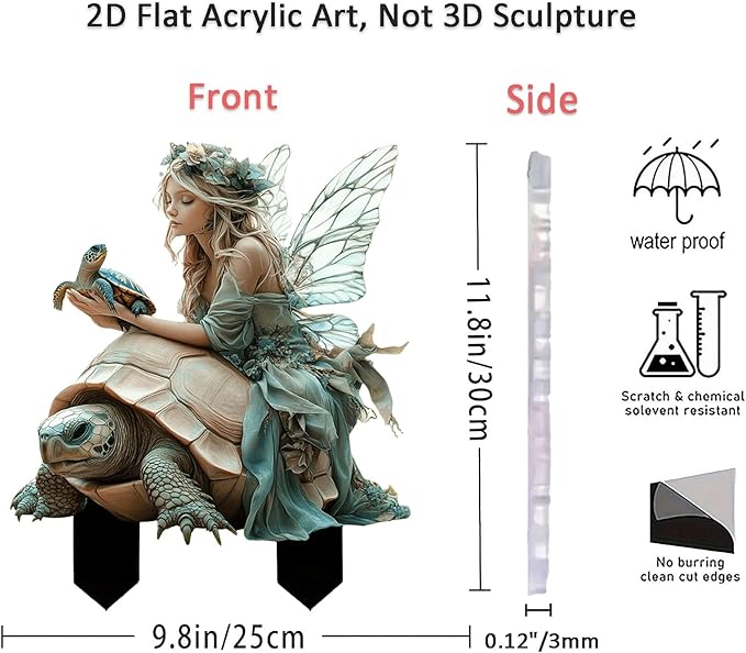 Fairy Garden Stake Decor, 2D Flat Acrylic Fairy Garden Decor Panel, Elf Yard Sign for Outdoor Indoor Yard Lawn Plants Pots, Fairy Garden Accessories (Fairy and Turtle)