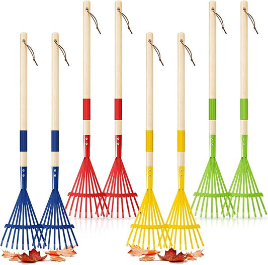 Suclain 8 Pcs Kids Rakes with Hardwood Handle Small Rake Child Size for Gardening Kids Yard Tools Multicolor 28'' Mini Rake for Leaves Lightweight for Children Garden Leaf Tools