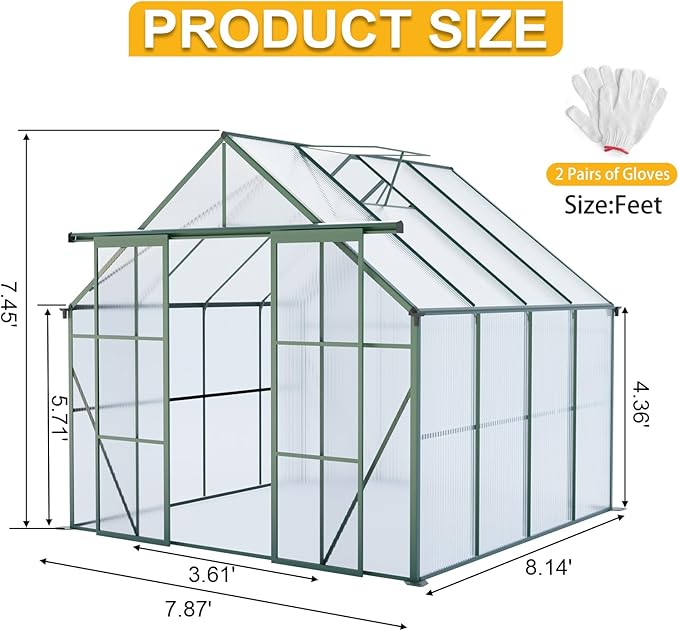 KEIKI 8x8 FT Double Door Polycarbonate Greenhouse with Aluminum Frame,Raised Base and Roof Vent,Walk-in Greenhouses for Patio Garden Backyard