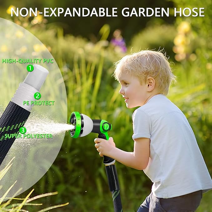 Garden Hose 25 FT, NON-EXPANDABLE Heavy-Duty Flexible & Lightweight Water Hose with 10-Function Nozzle, No-Kink Design, Leak-Proof Super Fabric, Solid Fittings for Lawn, Car, RV, Outdoor