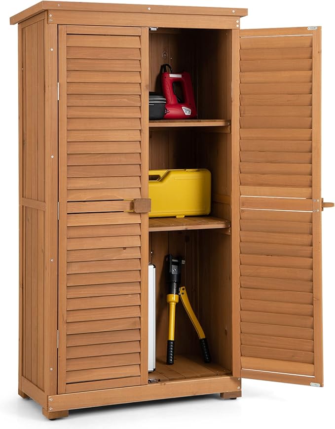Goplus Outdoor Storage Cabinet, 63" Wood Garden Tool Shed with Double Lockable Doors, 3 Shelves and Asphalt Roof, Multipurpose Storage Shed for Patio Lawn Garden Yard, Natural